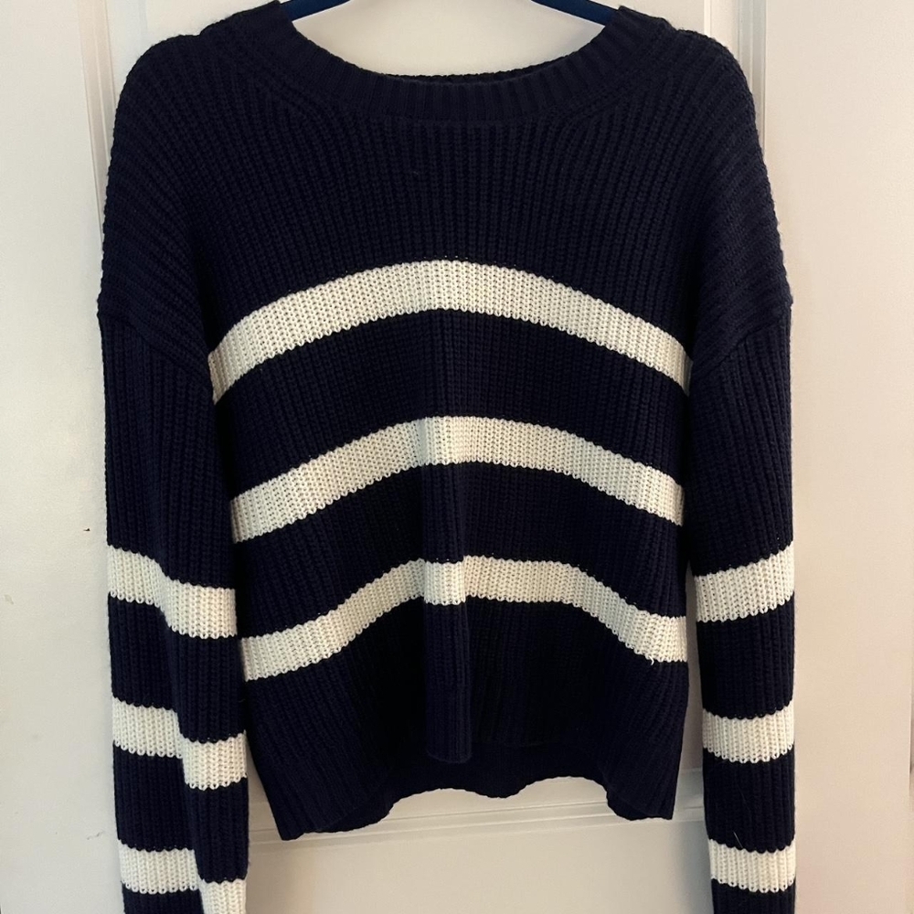 Garage Navy and White Striped Crew Neck Sweater